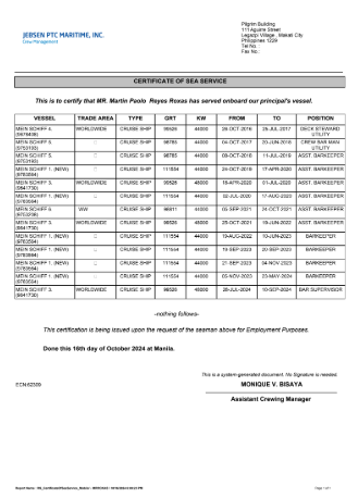 Certificate of Employment/ Sea Service