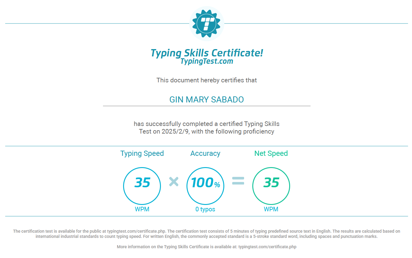 Typing Proficiency Certificate (35 WPM, 100% Accuracy)