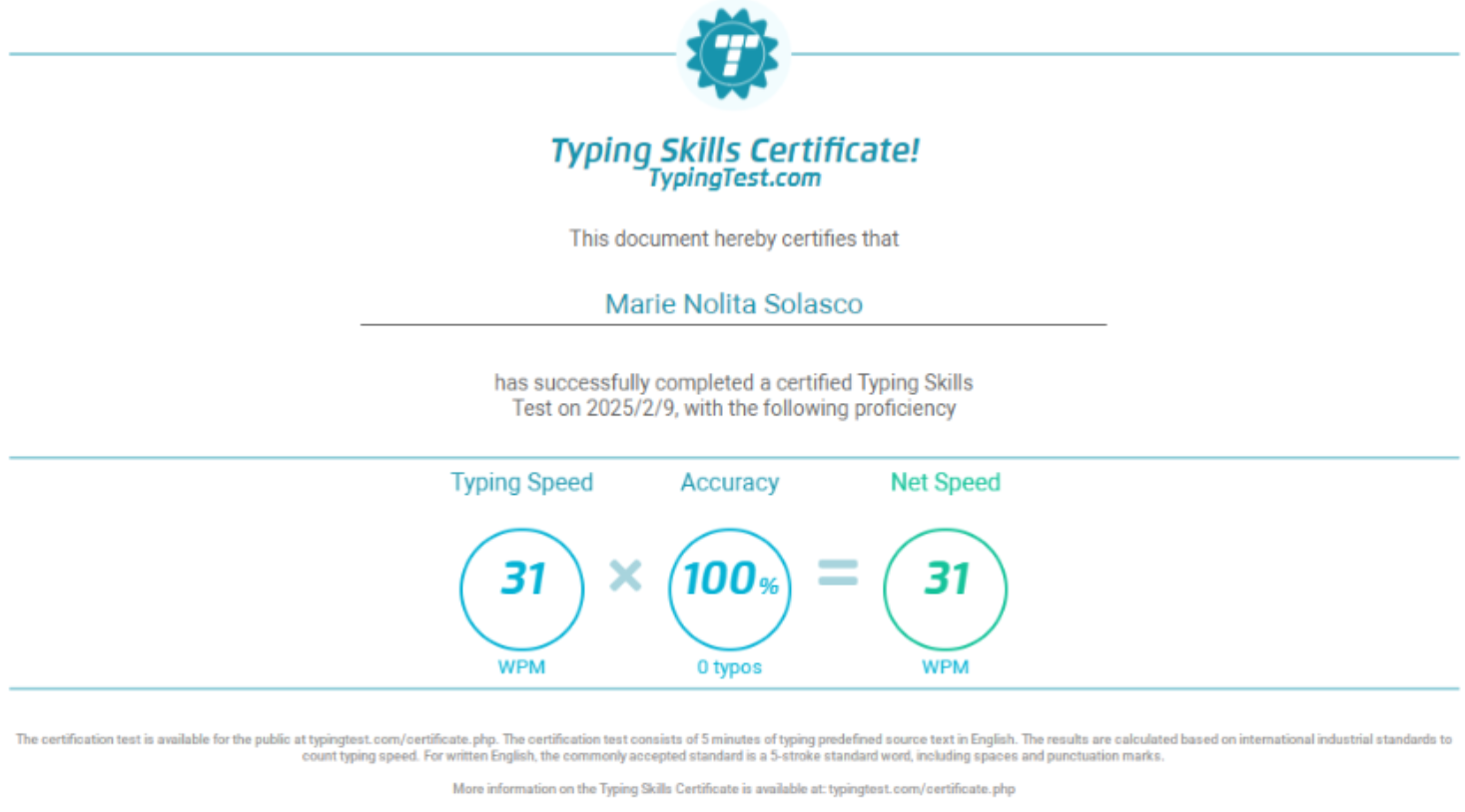 Typing Certificate