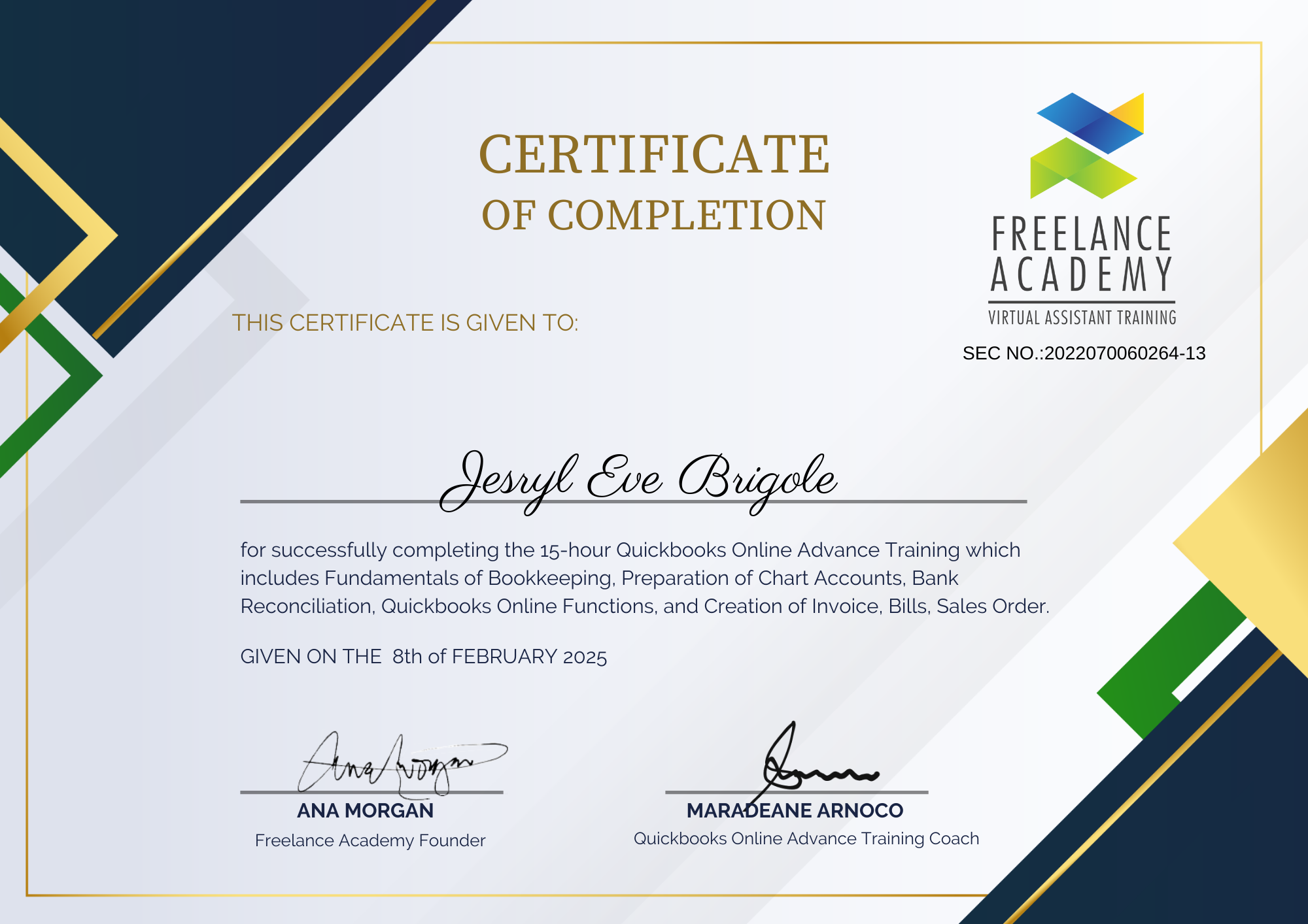 Quickbooks Training Certificate