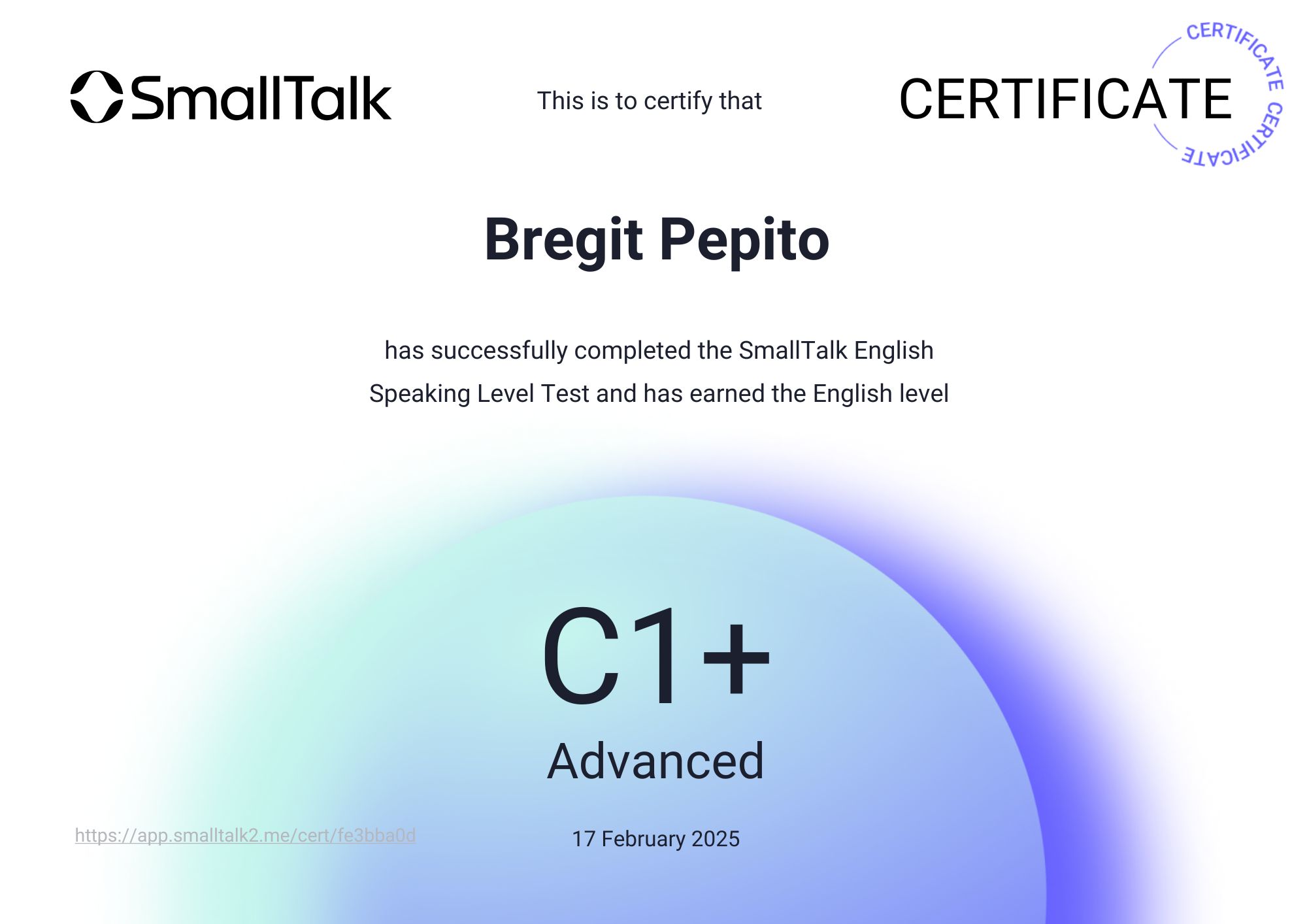 SmallTalk2Me Speaking Level Test Certificate https://app.smalltalk2.me/cert/fe3bba0d