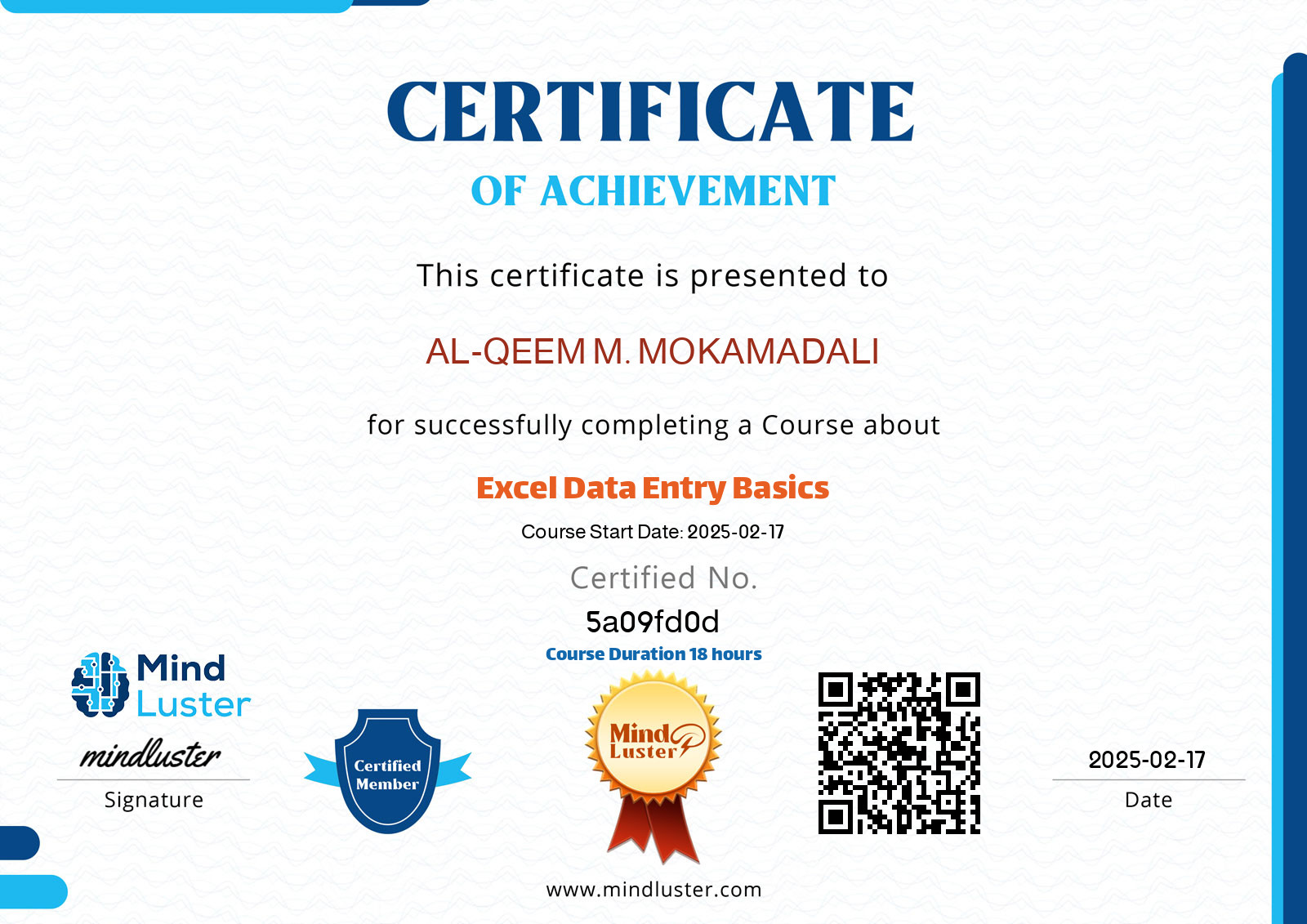 Data Entry Certificate