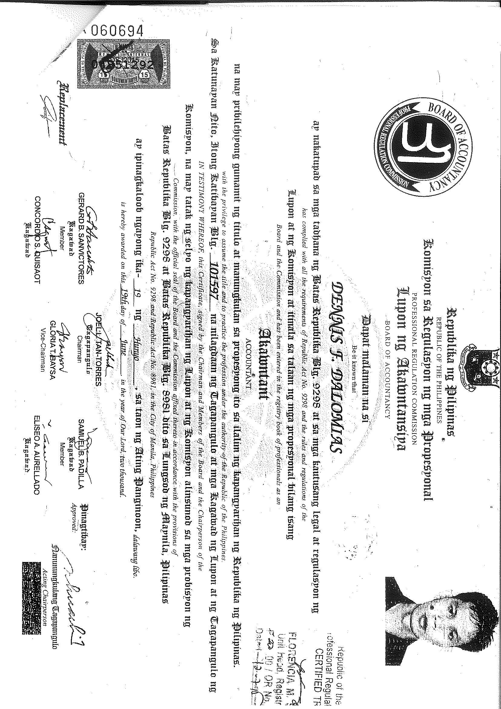 CPA License Exam Certificate