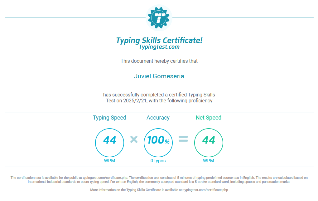 Typing Test Certificate
