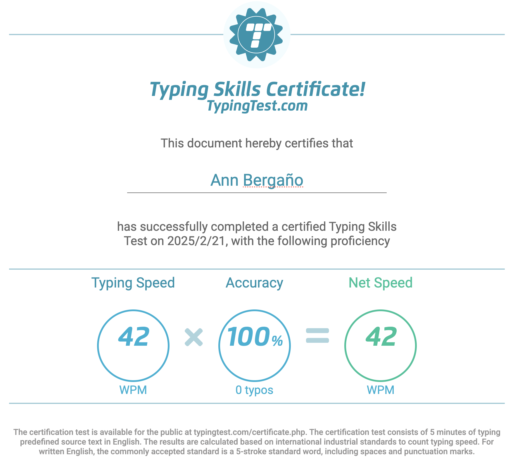 Typing Test Certificate