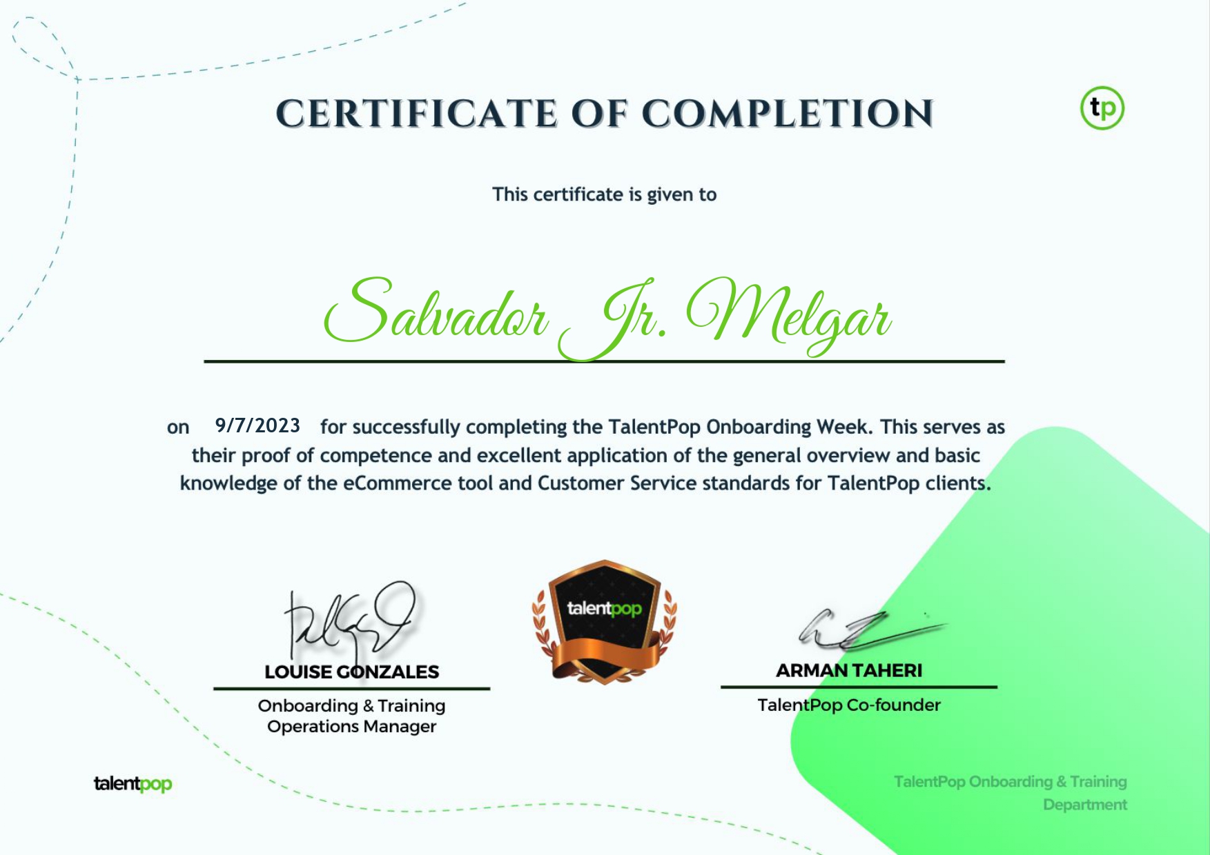 Certificate of completion for Customer Service