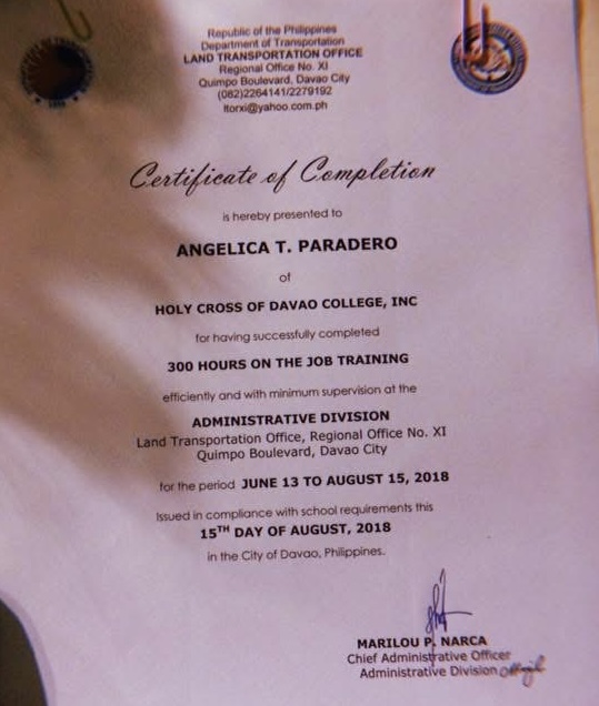 OJT at Land Transportation Office as Admin Assistant