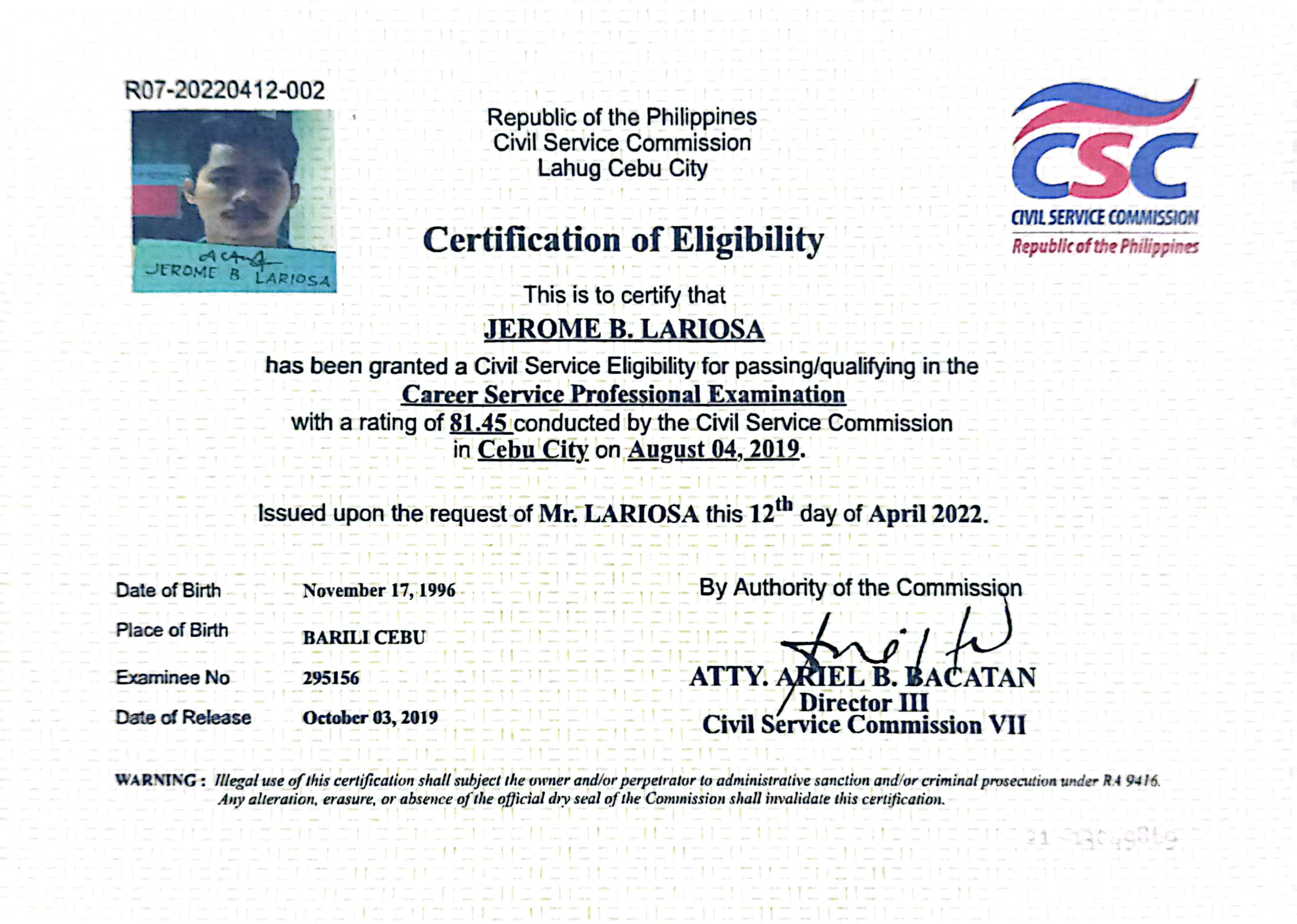 Certification of Eligibility