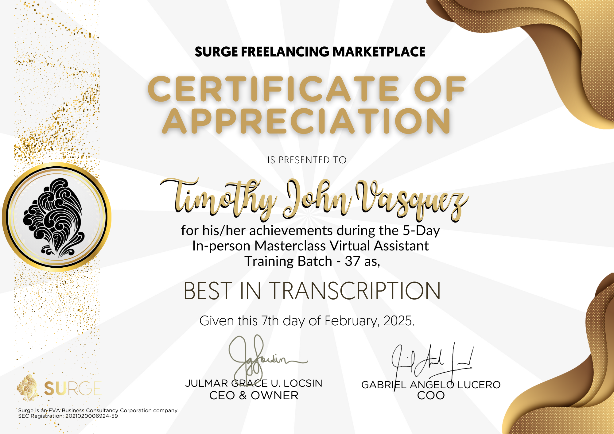 Award Certificate - Best in Transcription