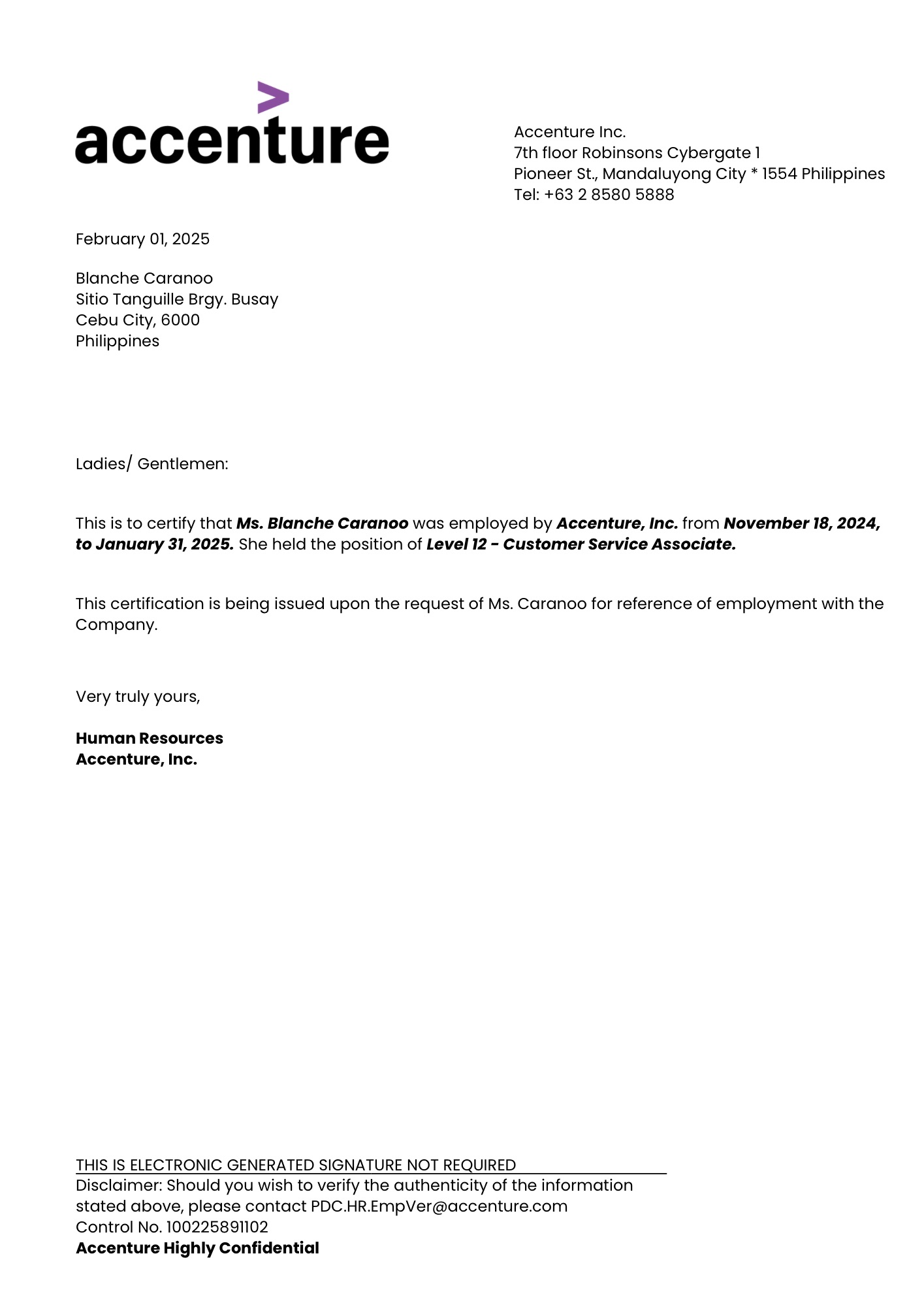 Accenture Certificate of Employment