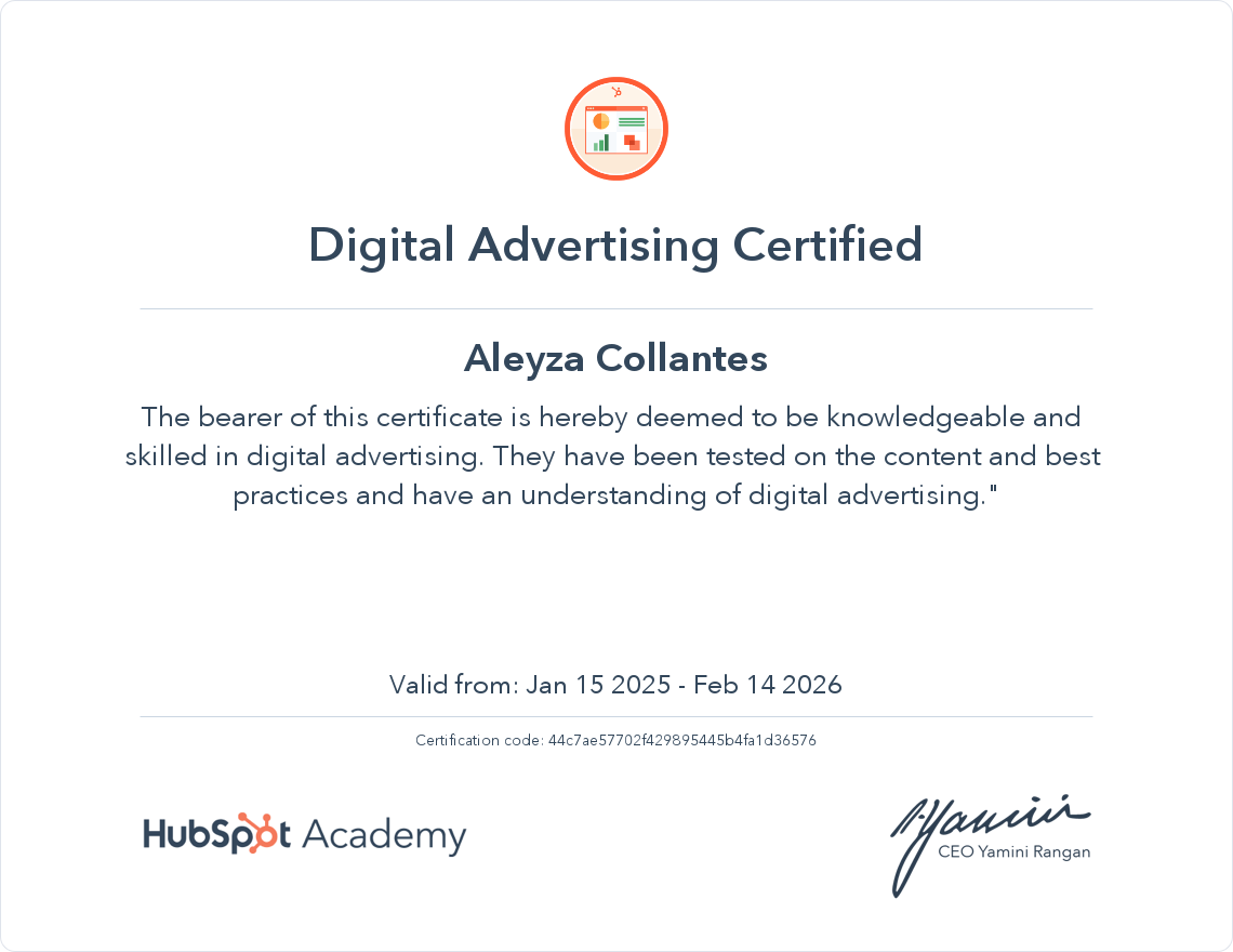 Digital Advertising Certified by HubSpot Academy