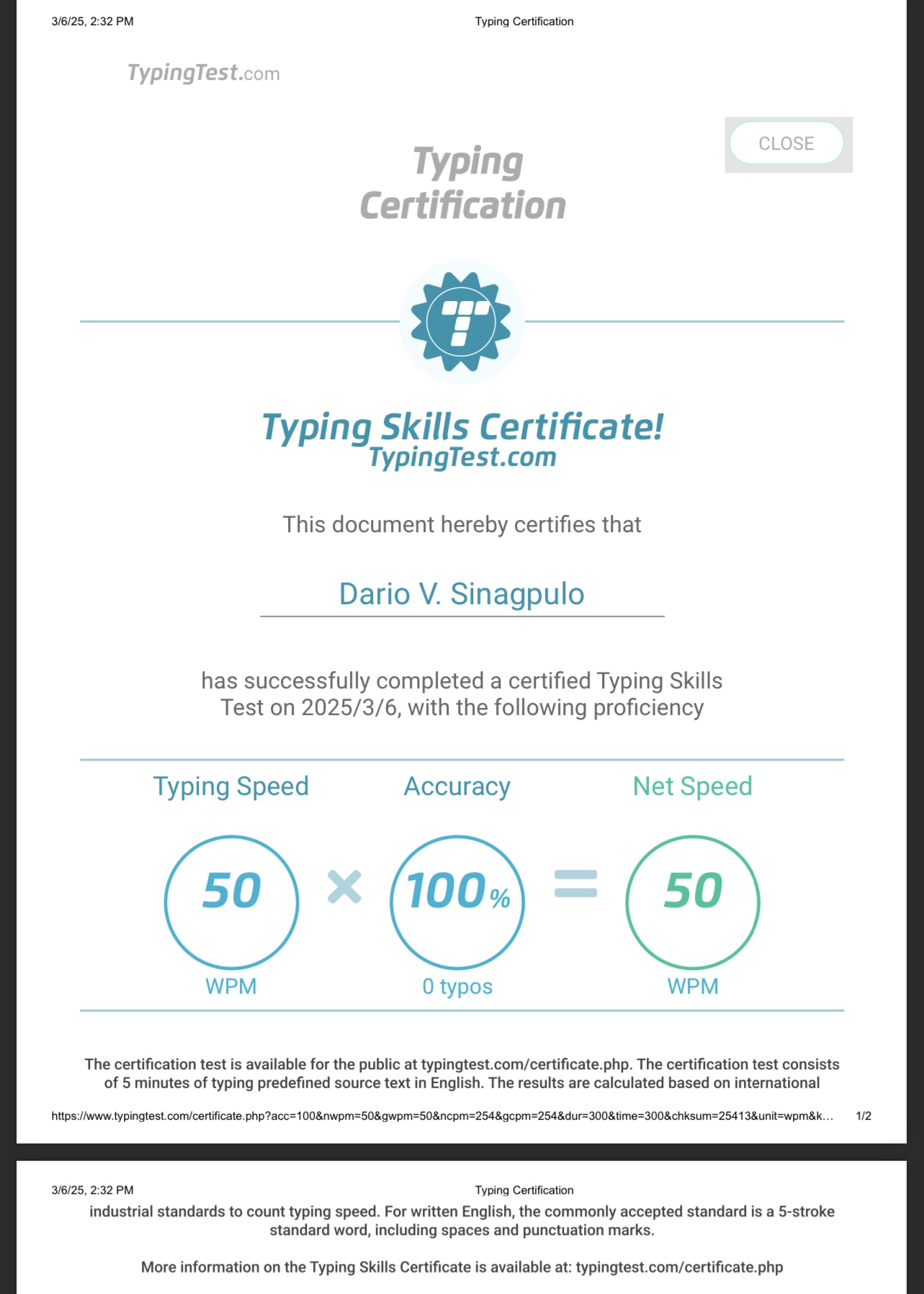 Typing Skills Certificate