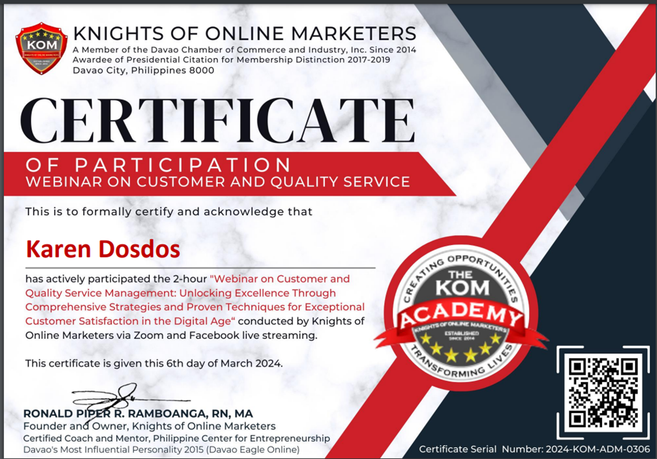 Customer and Quality Service Certificate