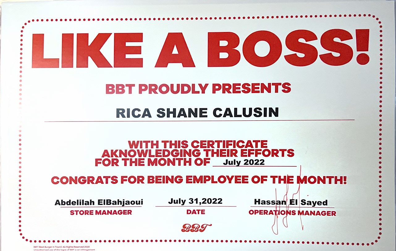 Employee of the month Awardee