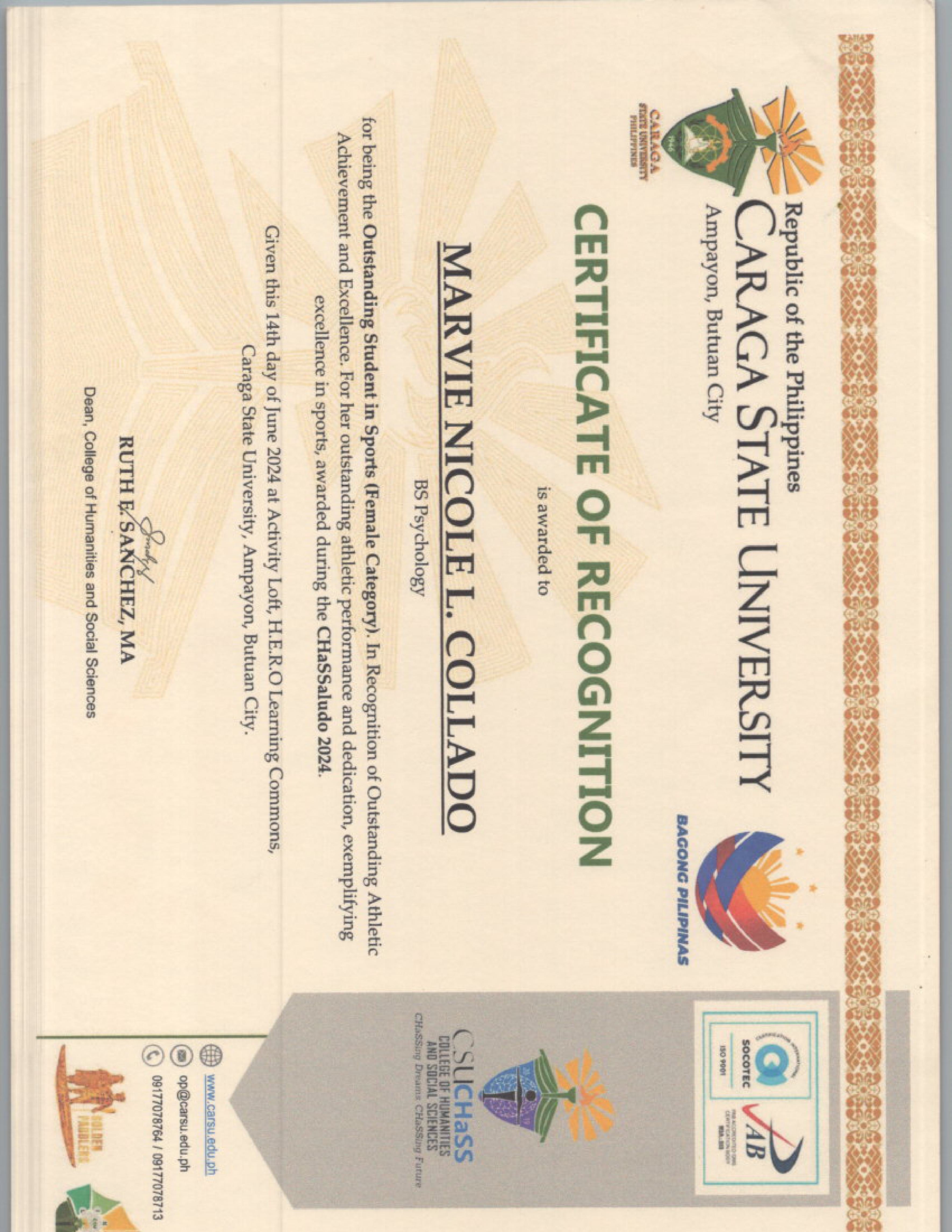OUTSTANDING STUDENT FOR SPORTS