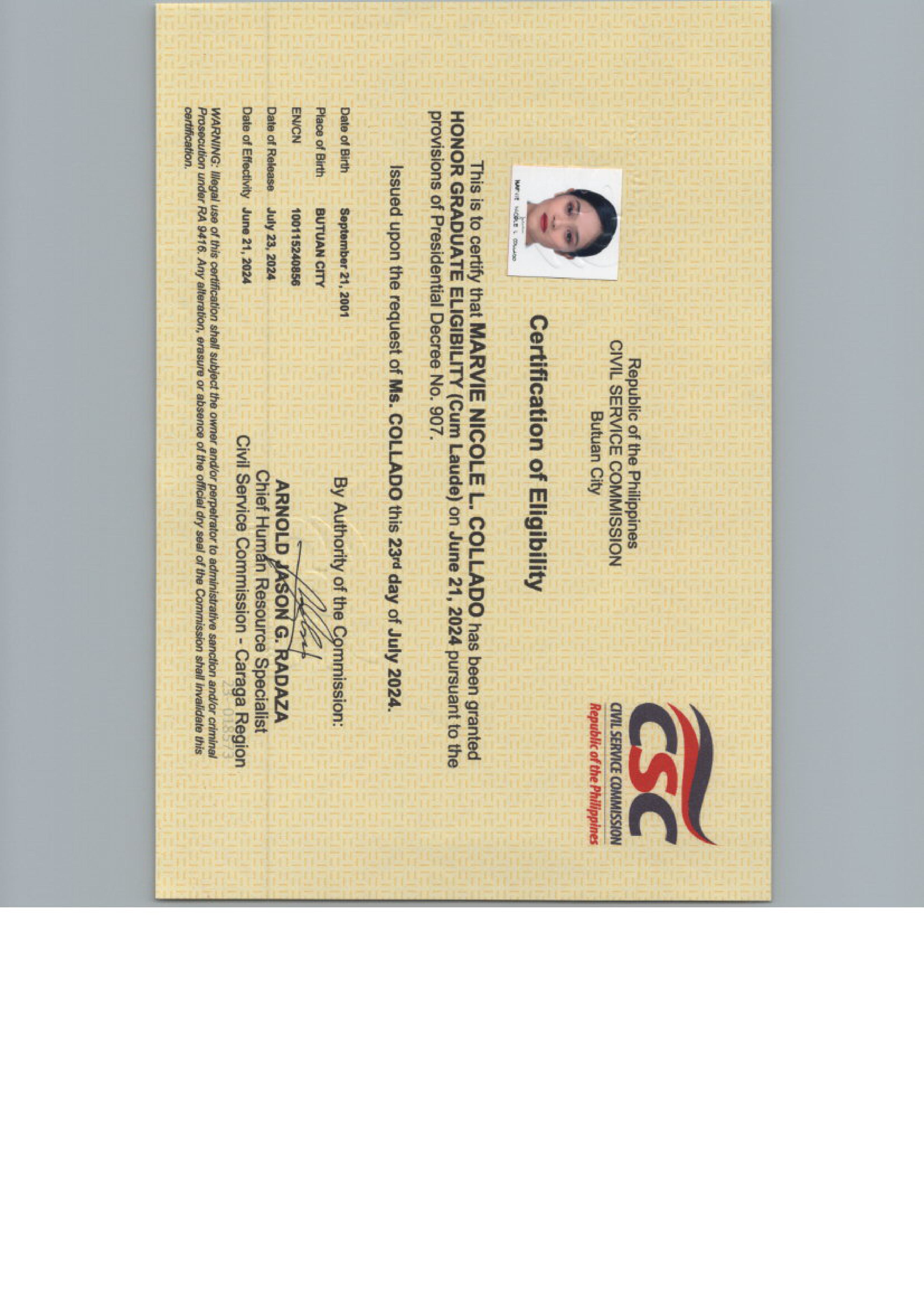CERTIFICATION OF ELIGIBILITY