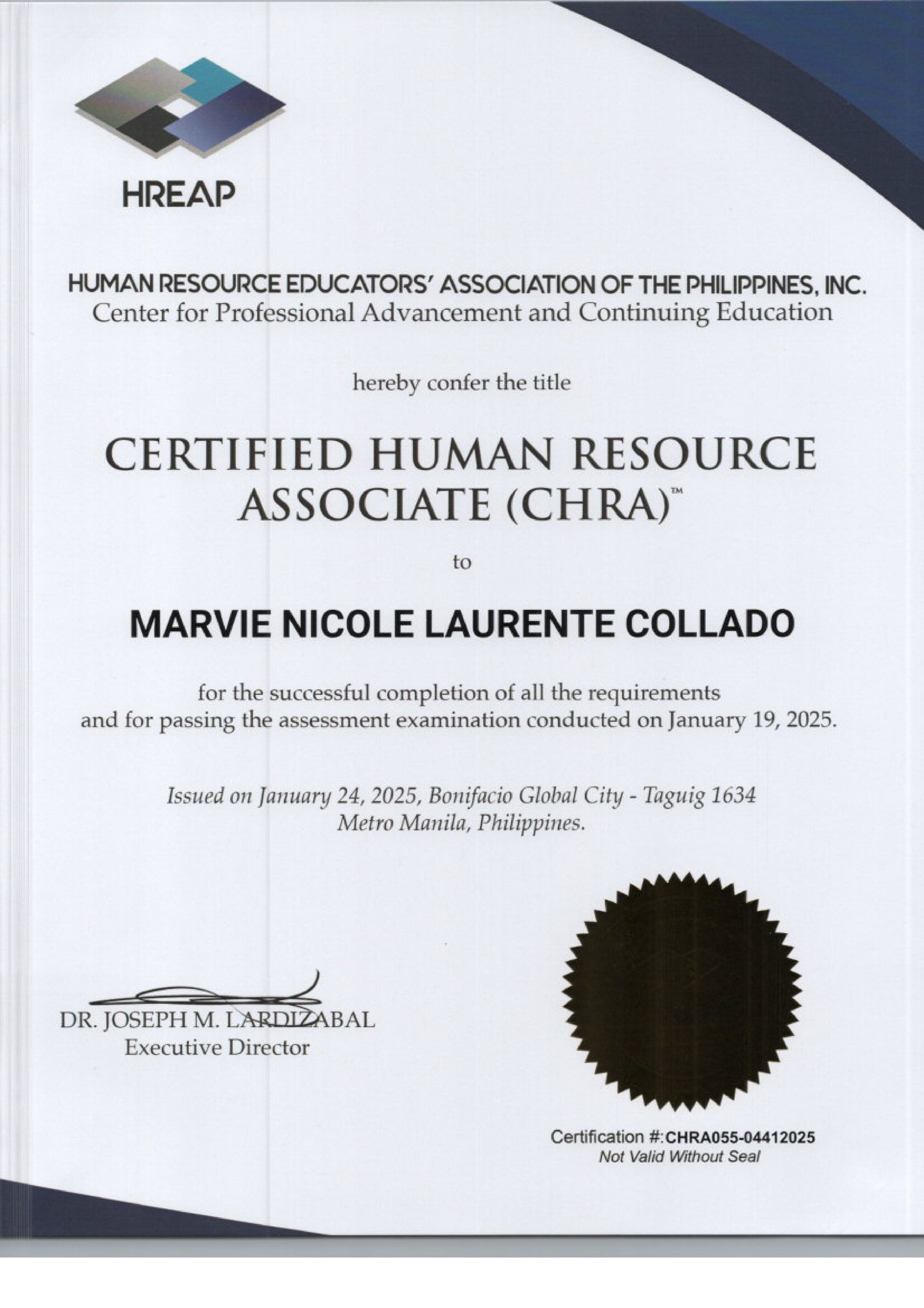 CERTIFICATE AS HUMAN RESOURCE ASSOCIATE PASSER