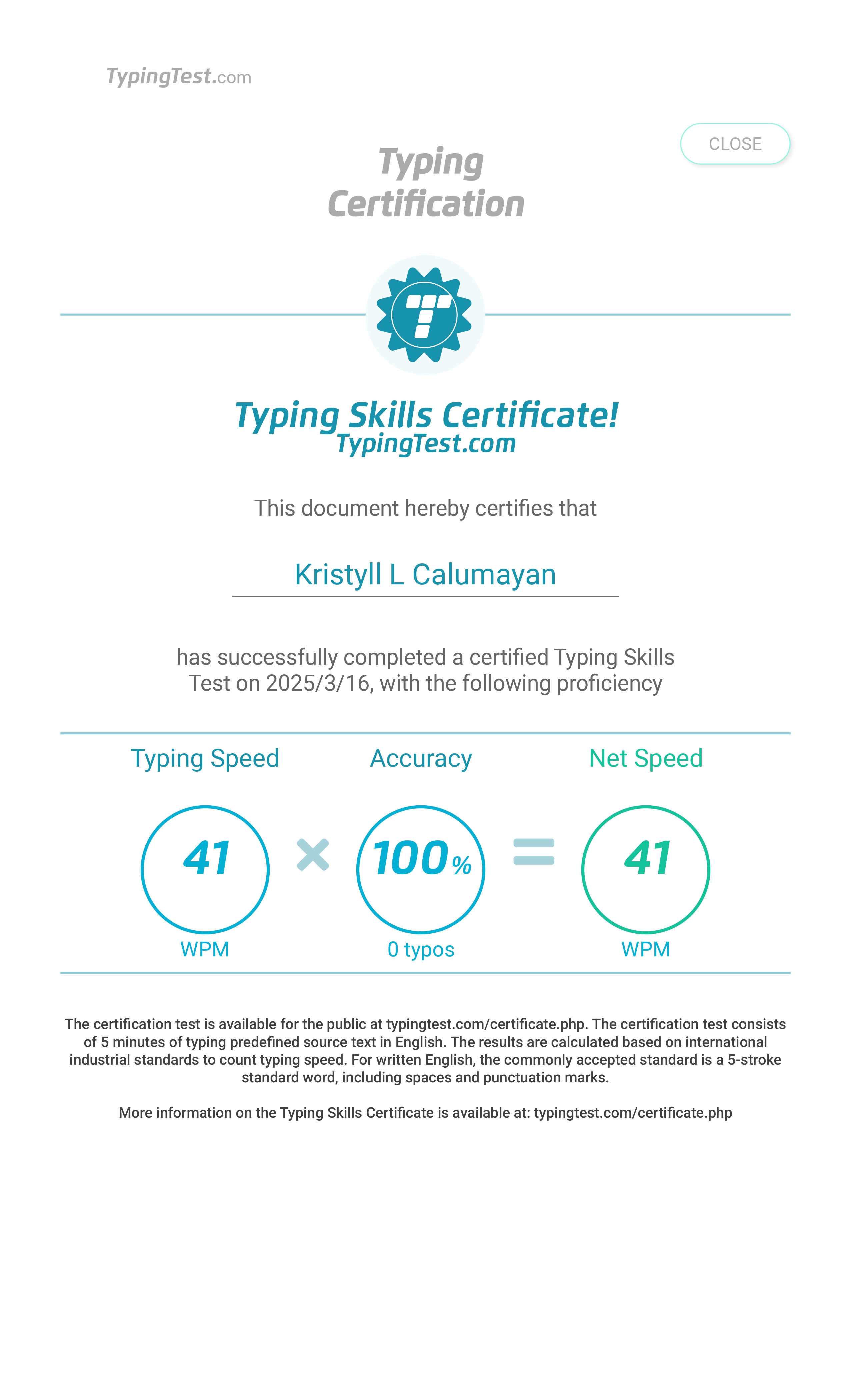 Typing Test Certificate