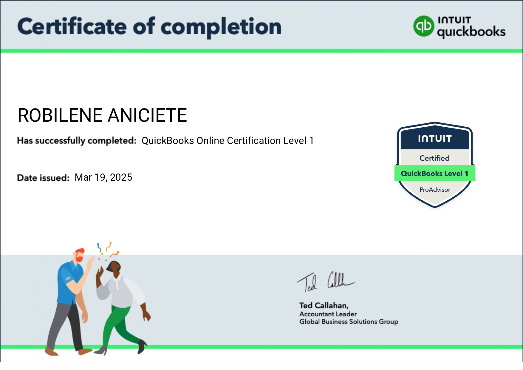 Certified ProAdvisor  - QuickBooks Online Certification Level 1