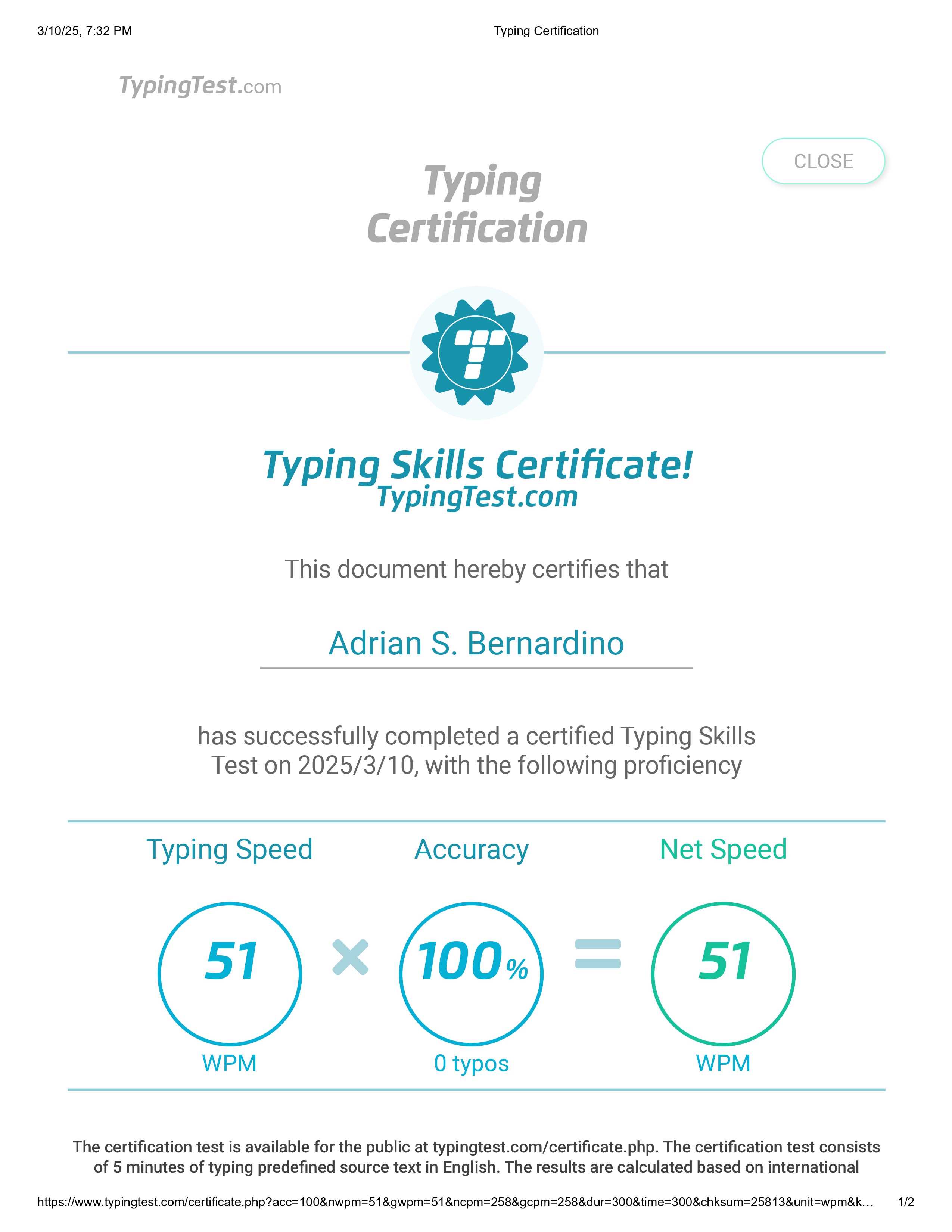 TYPIING TEST CERTIFICATE