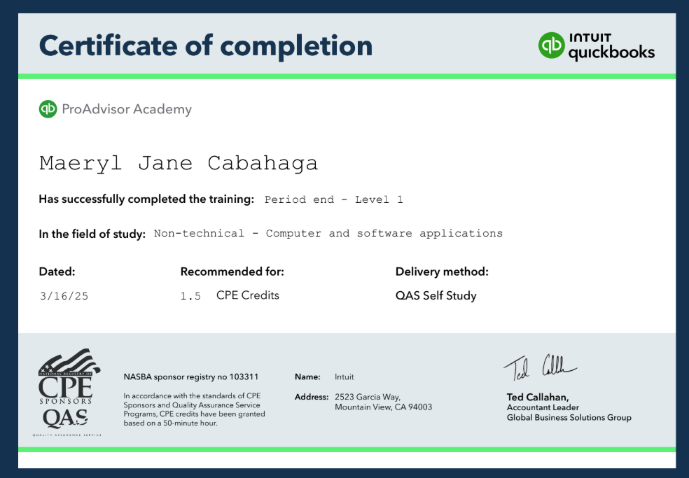 Intuit Quickbooks - Period End Level 1