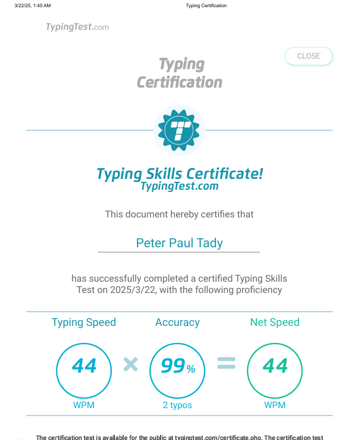 Typing Test Certificate