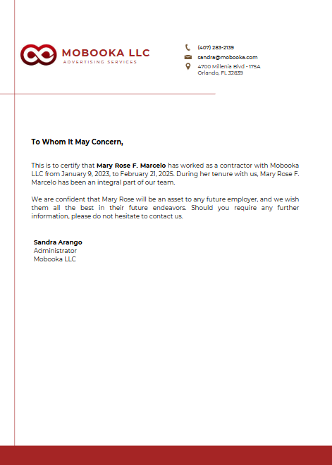 Mobooka LLC Employment Certificate