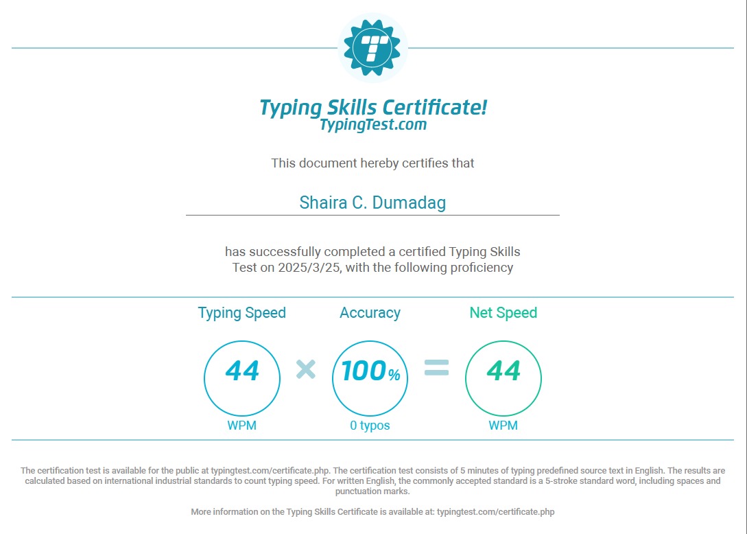 Typing Skills Certificate- 5 minutes