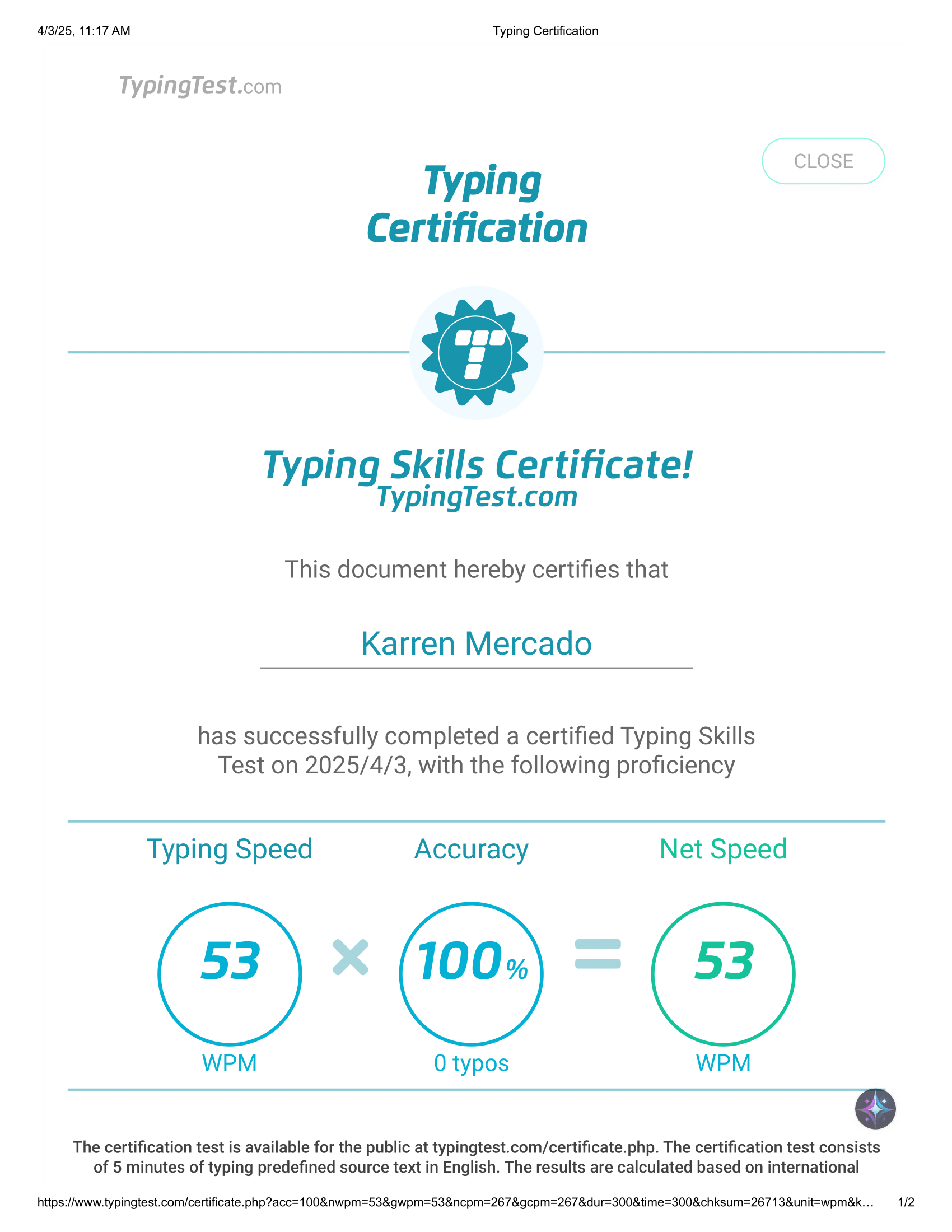 TYPING SKILLS CERTIFICATE