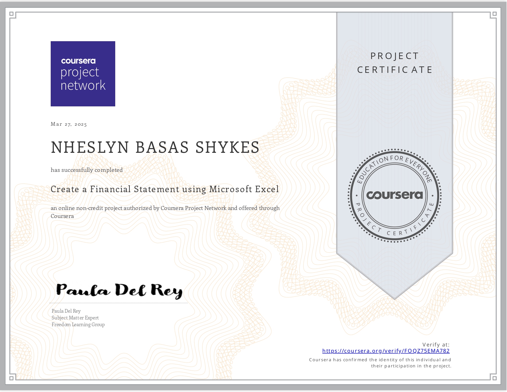 Financial Statement using MS Excel - Certificate of Completion