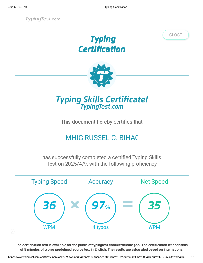 TYPING TEST CERTIFICATE:
