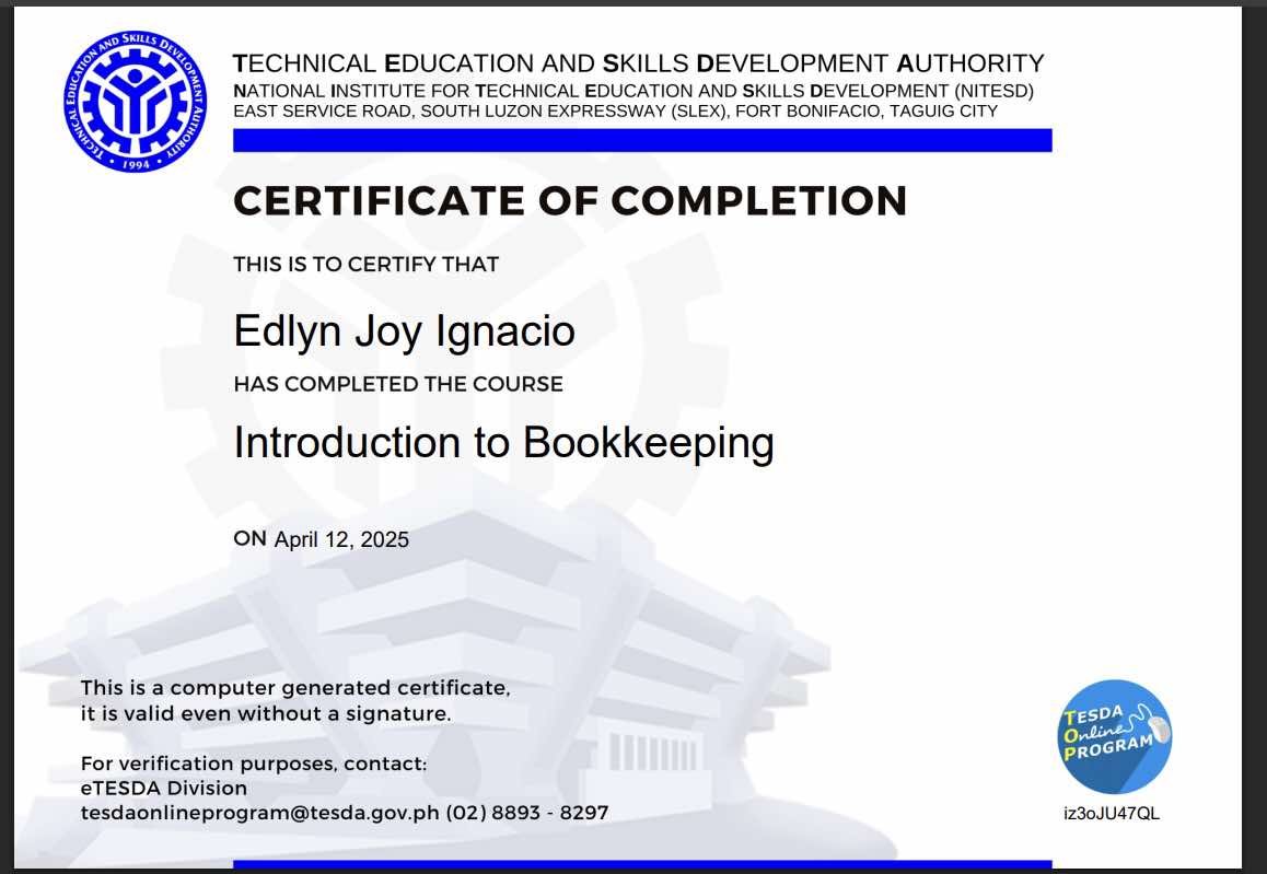 Bookkeeping Certificate 2025