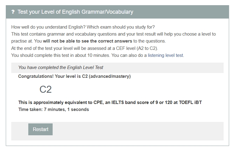 English Grammar/Vocabulary Level Test Result