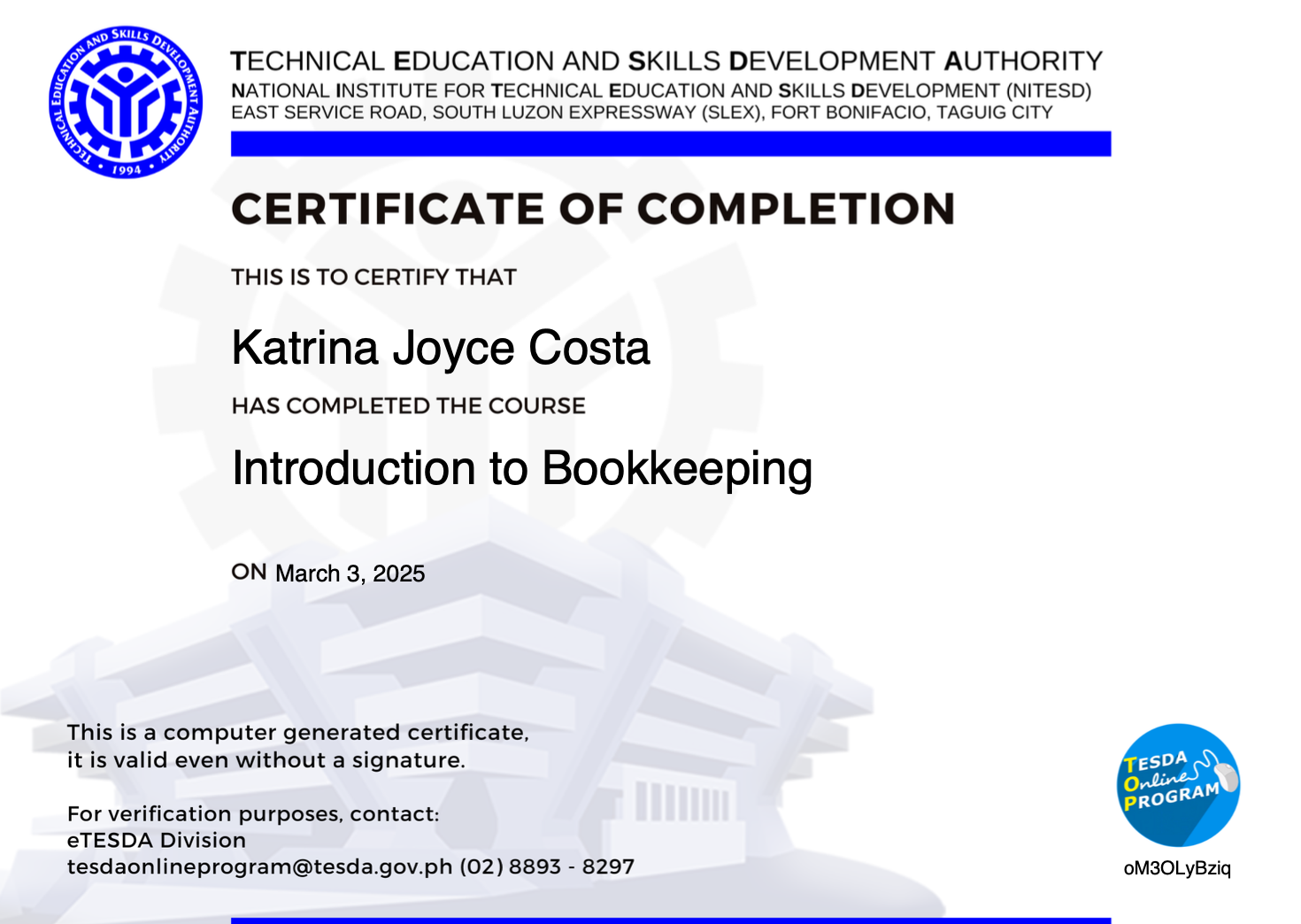 TESDA Introduction to Bookkeeping