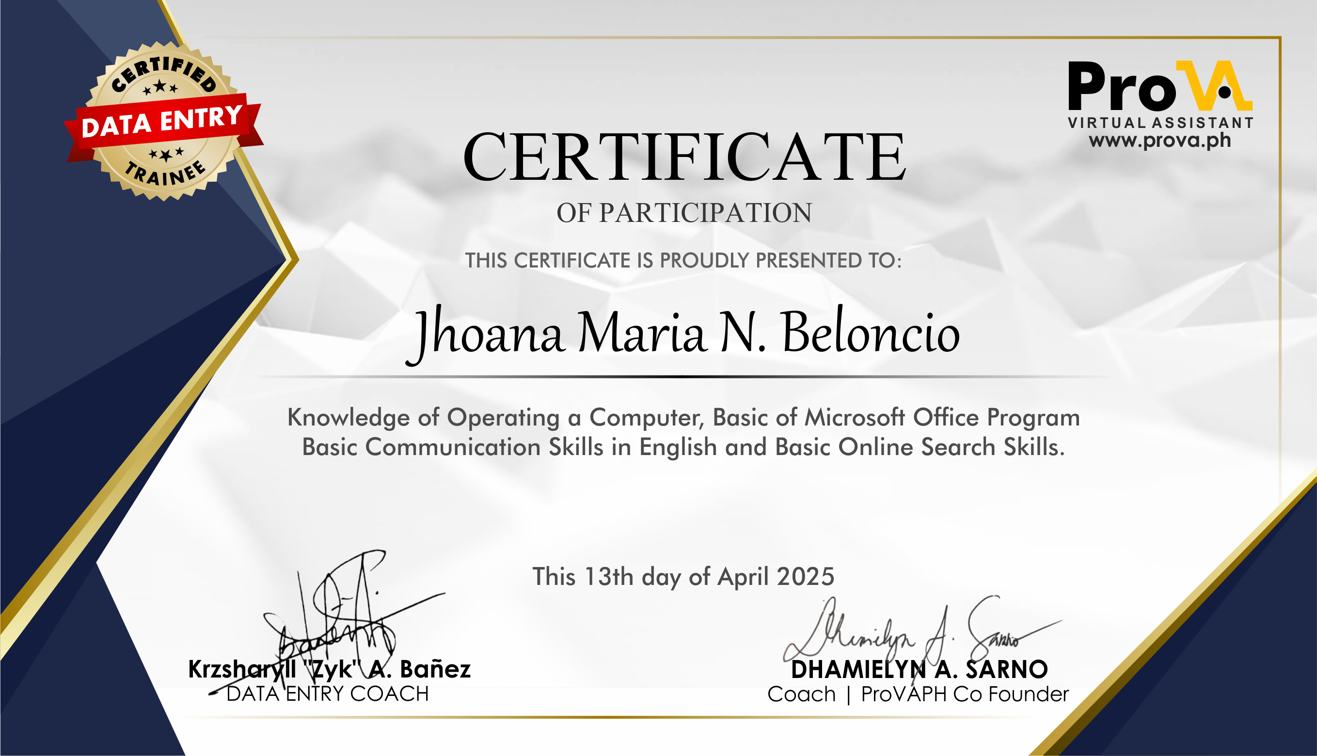 ProVA (Data Entry) Certificate