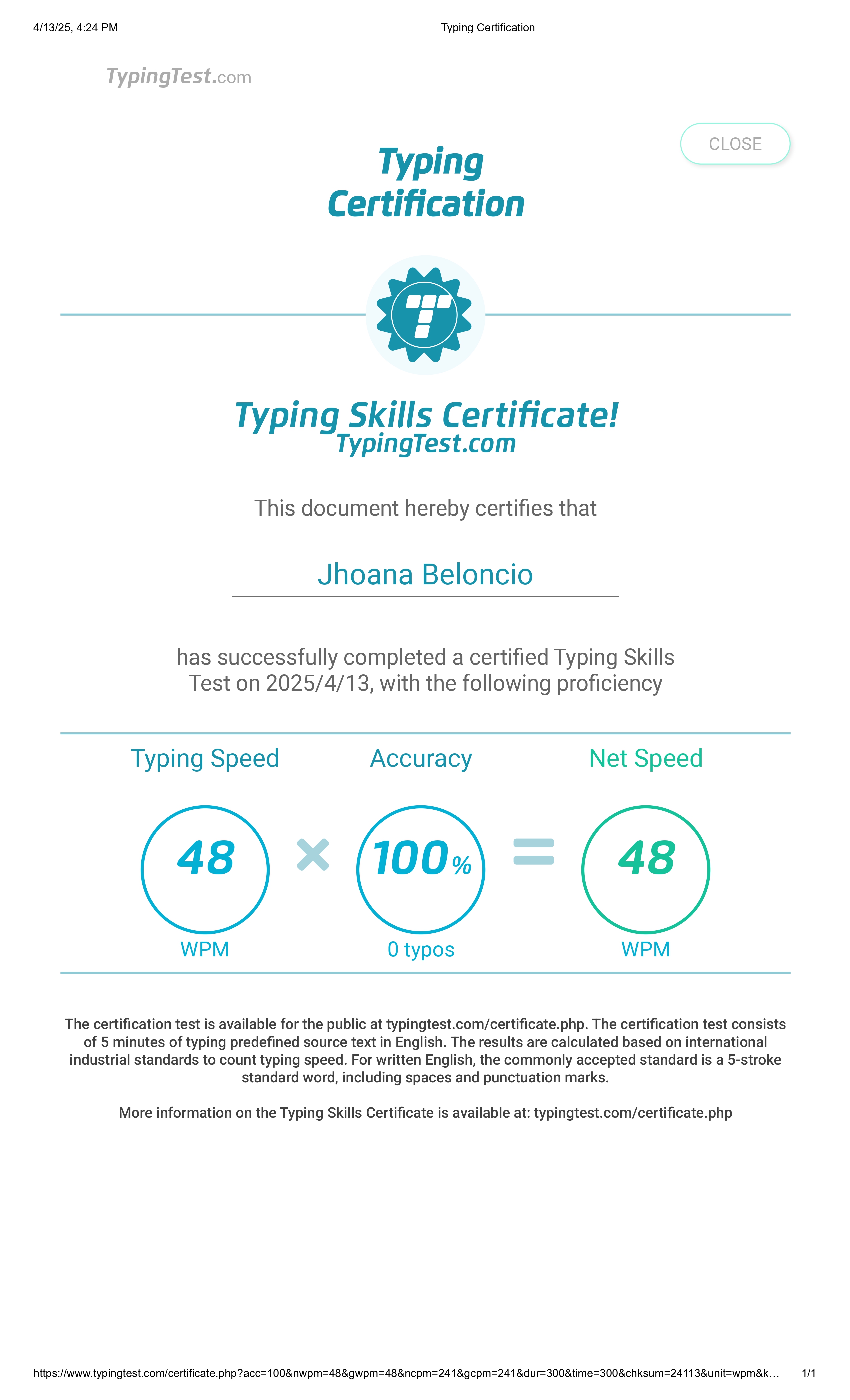 Typing Certification