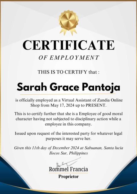Certificate of Employment E-commerce
