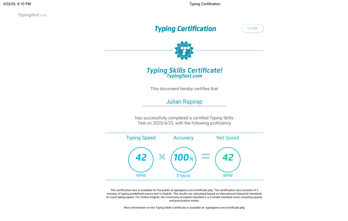 Typing Certificate