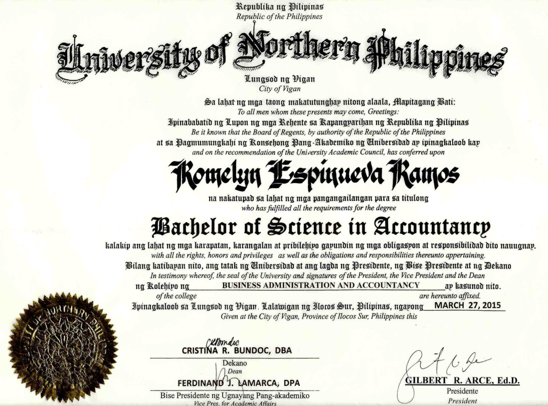 Bachelor of Science in Accountancy (Degree Certification)