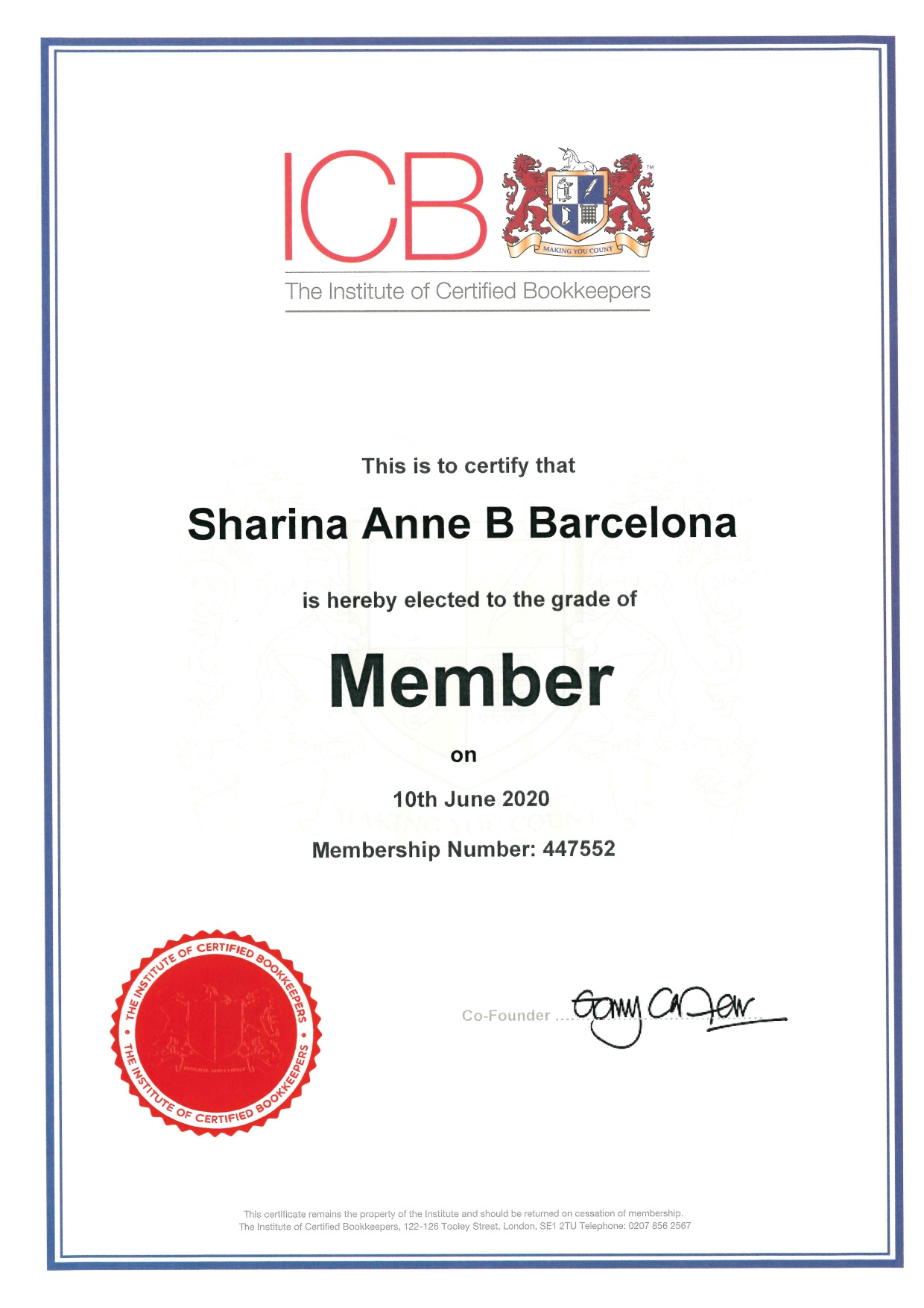 Member, The Institute of Certified Bookkeepers UK