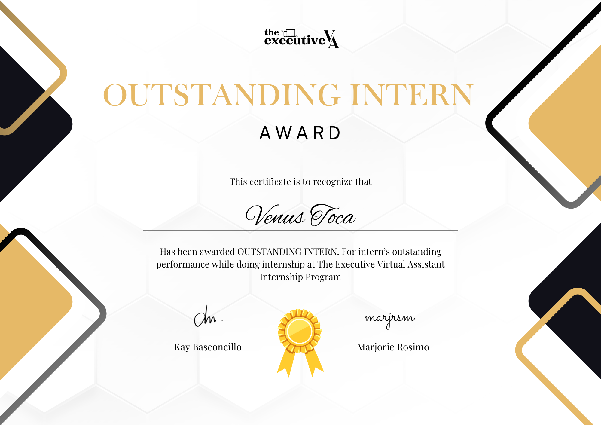 The Executive Assistant Outstanding Intern Certificate