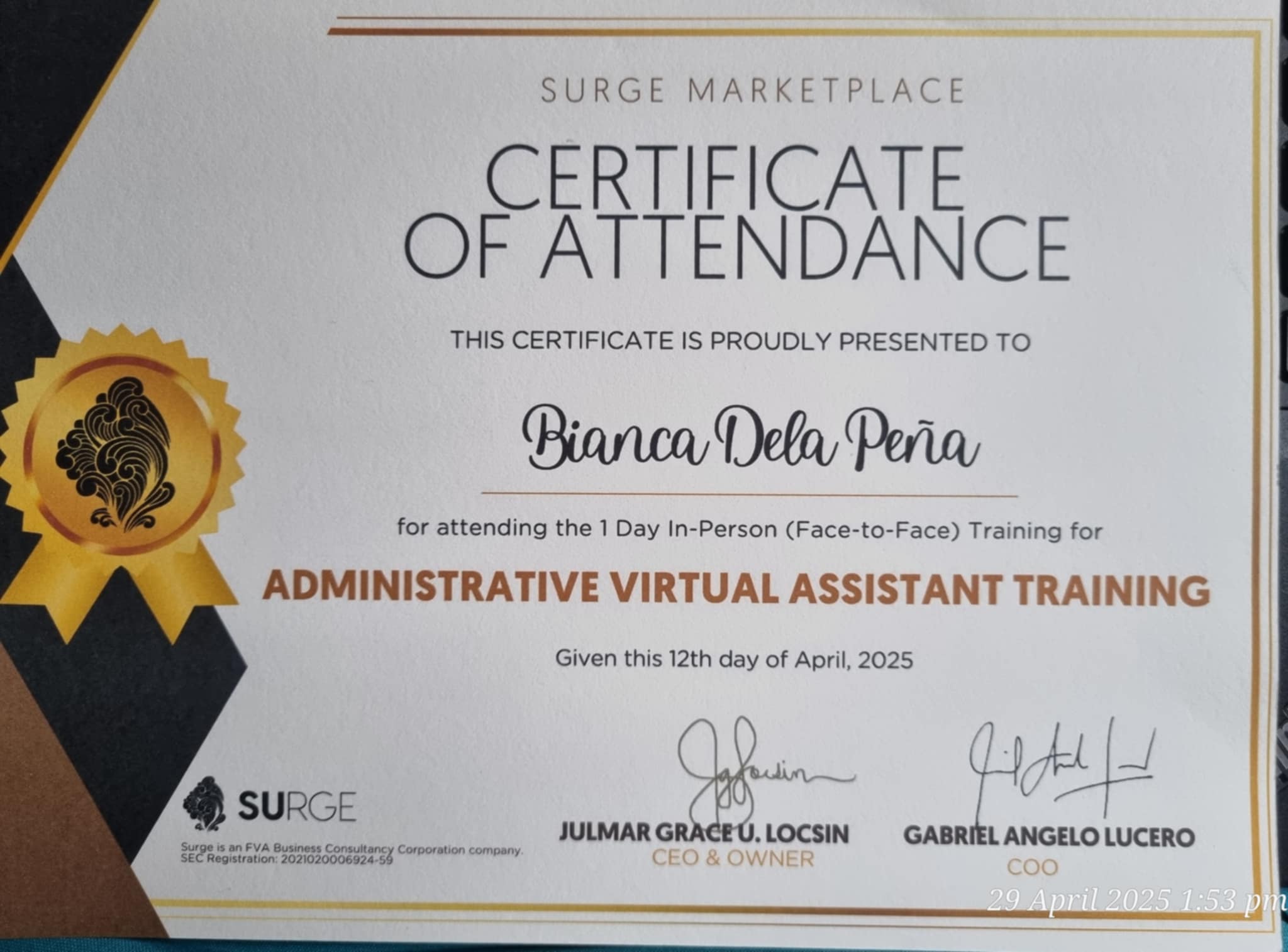 In-Person Administrative Virtual Assistant  Training-Surge Marketplace