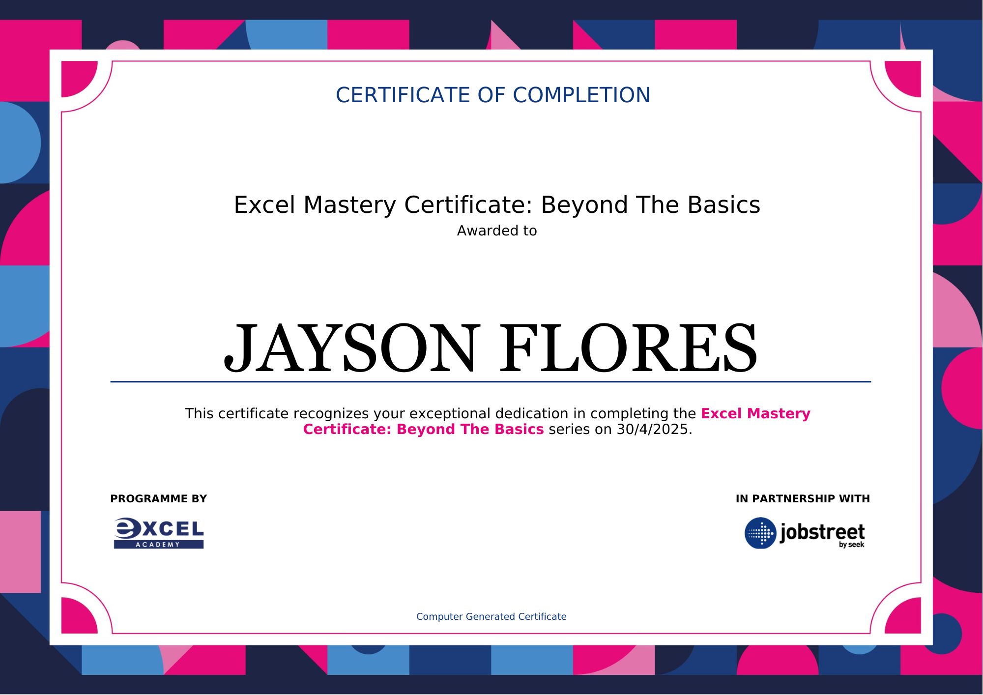 EXCEL Mastery Certificate