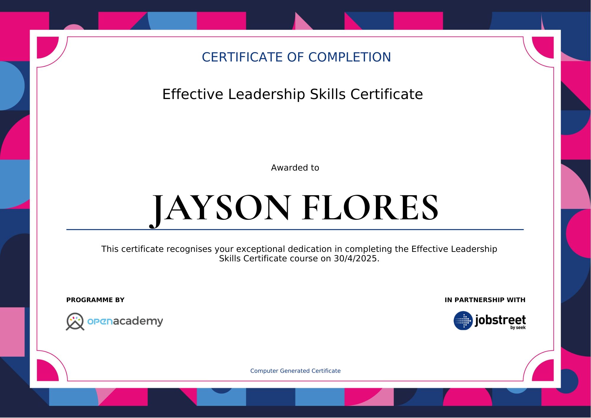 Effective leadership skill Certificate