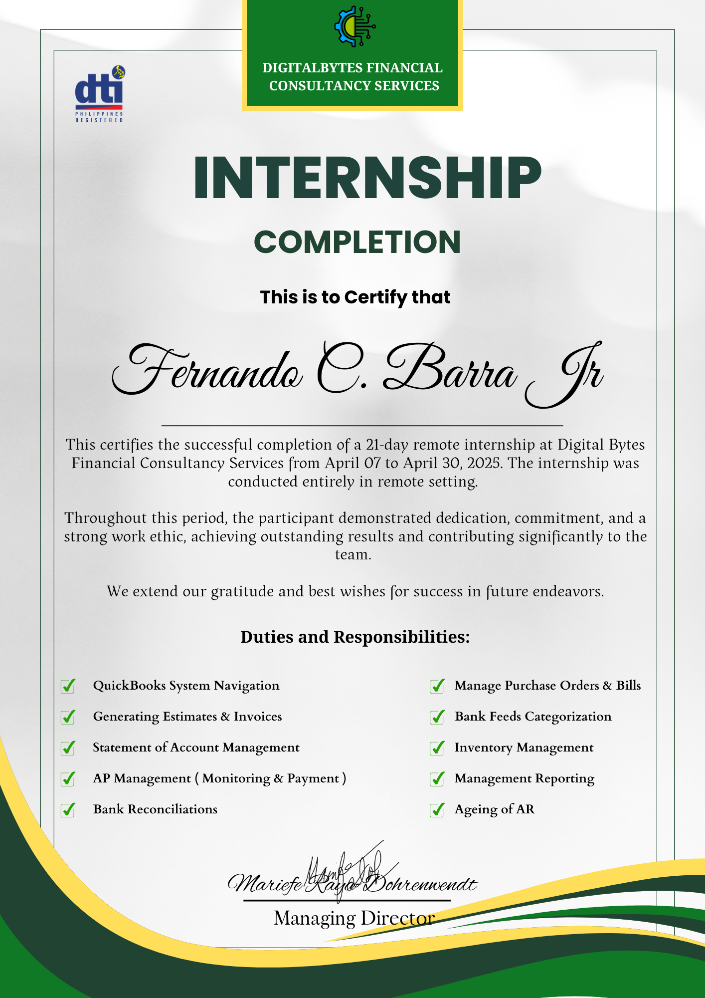 QuickBooks Online Internship Completion Certificate
