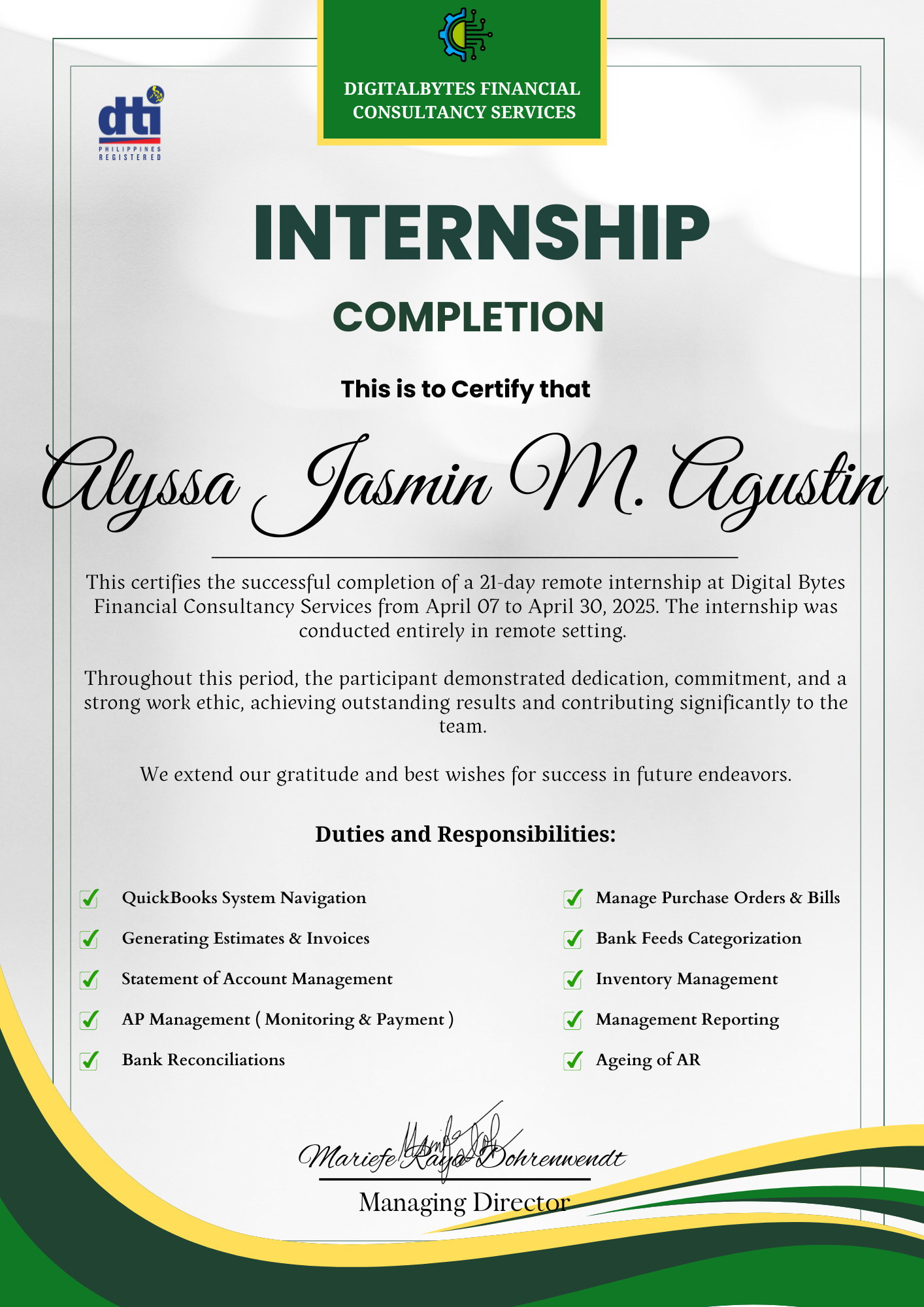 Bookkeeping Internship Certificate