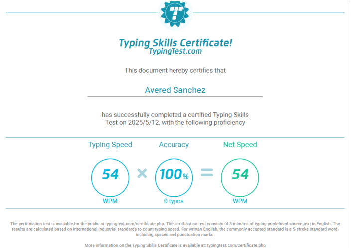 Typing test 5min certificate