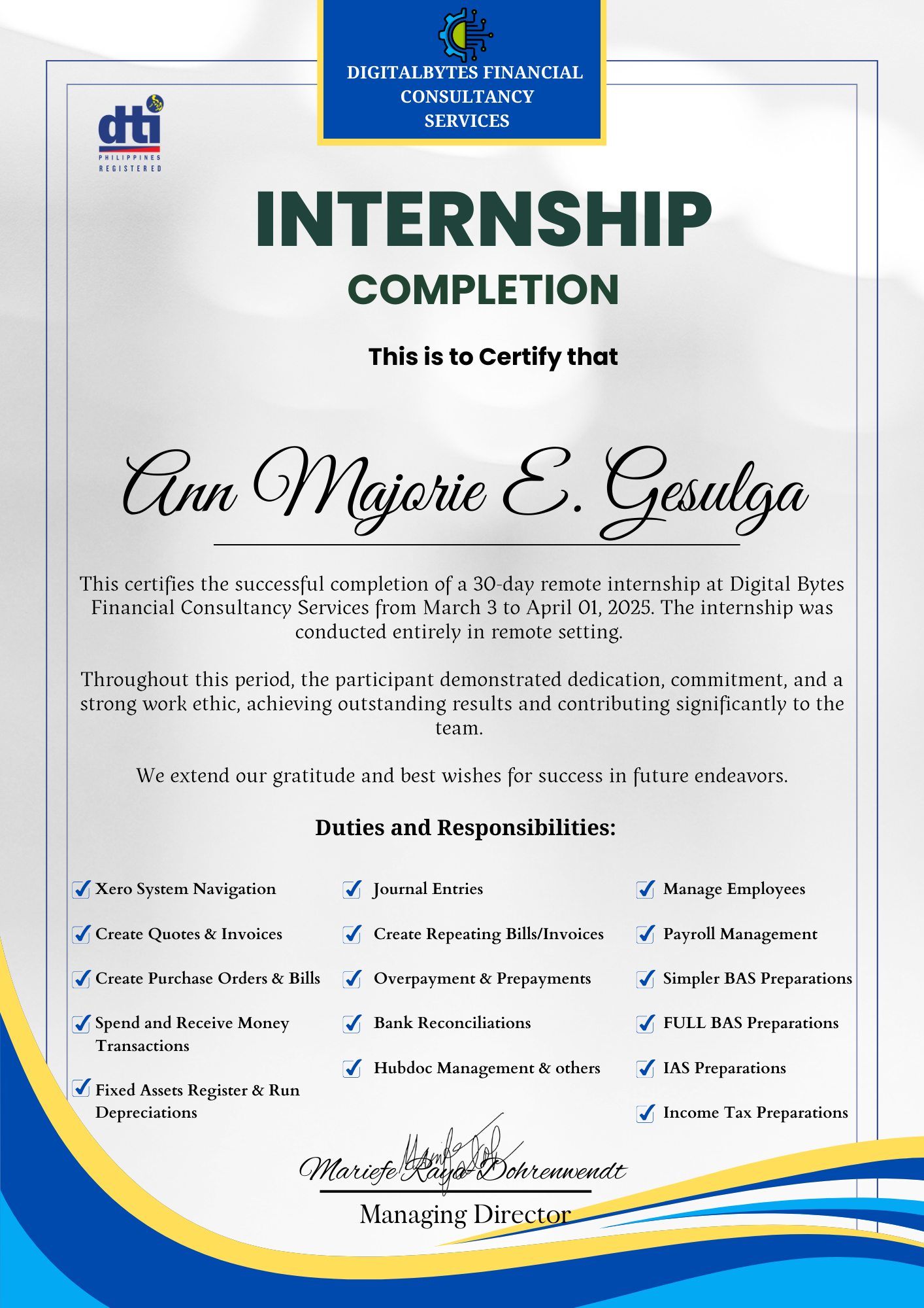 Internship Certificate- Australian Bookkeeping using Xero