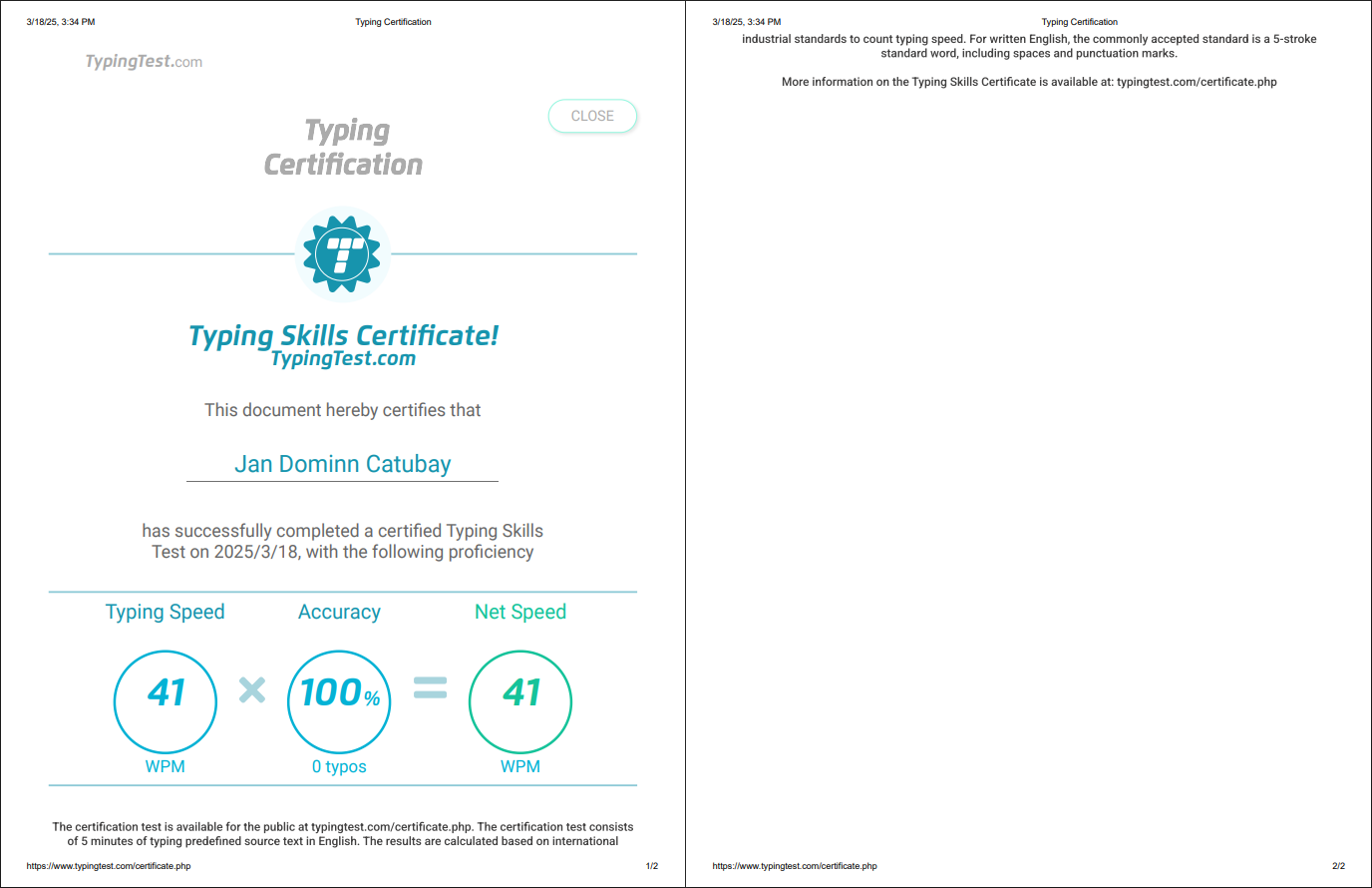 Typing Certificate