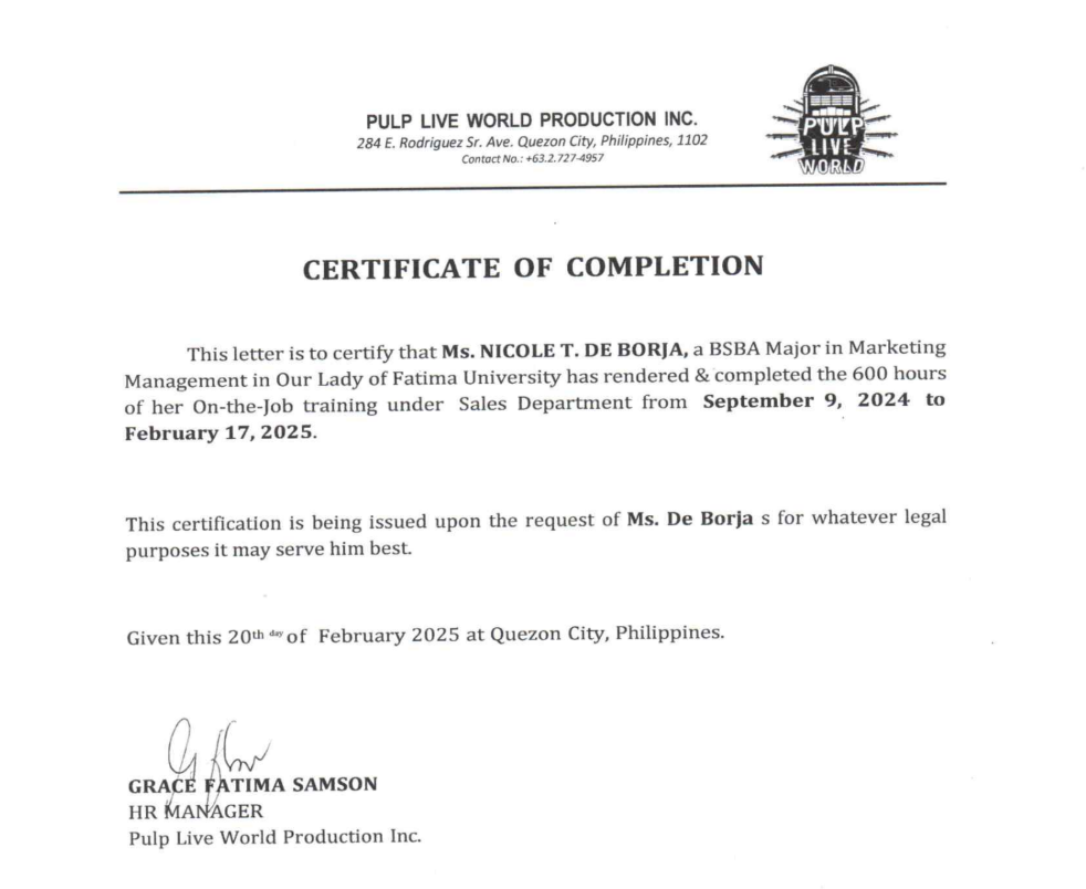 PULP LIVE WORLD INTERNSHIP COC